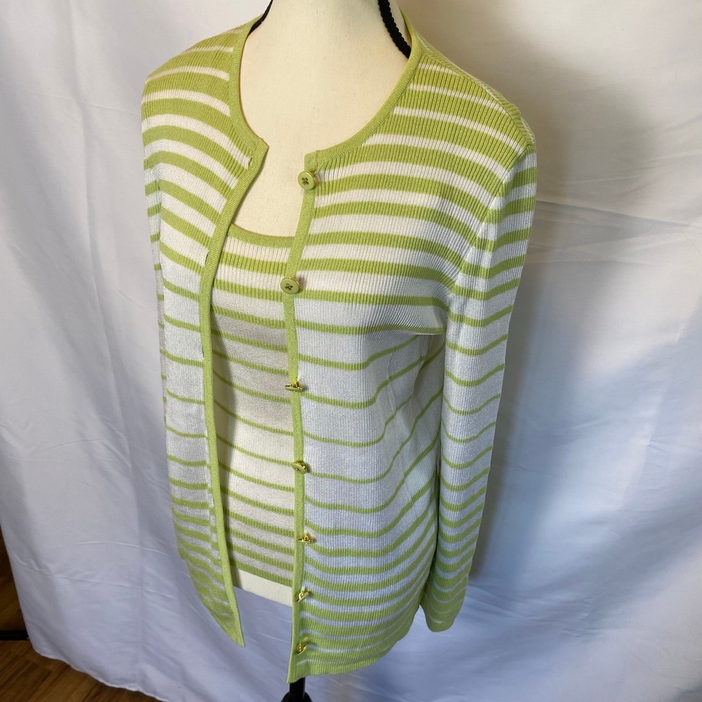 St. John Women's Key Lime Striped Knit Cardigan Sweater and Tank 2 Piece Set - Picture 2 of 14